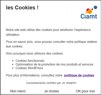 Fenêtre flottante " Les Cookies" présentant les différentes possibilités par rapport à l